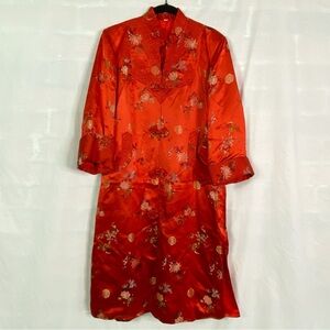 Vintage Red Oriental Kimono Silk Satin Chinois Floral Quilted Trim Jacket Small